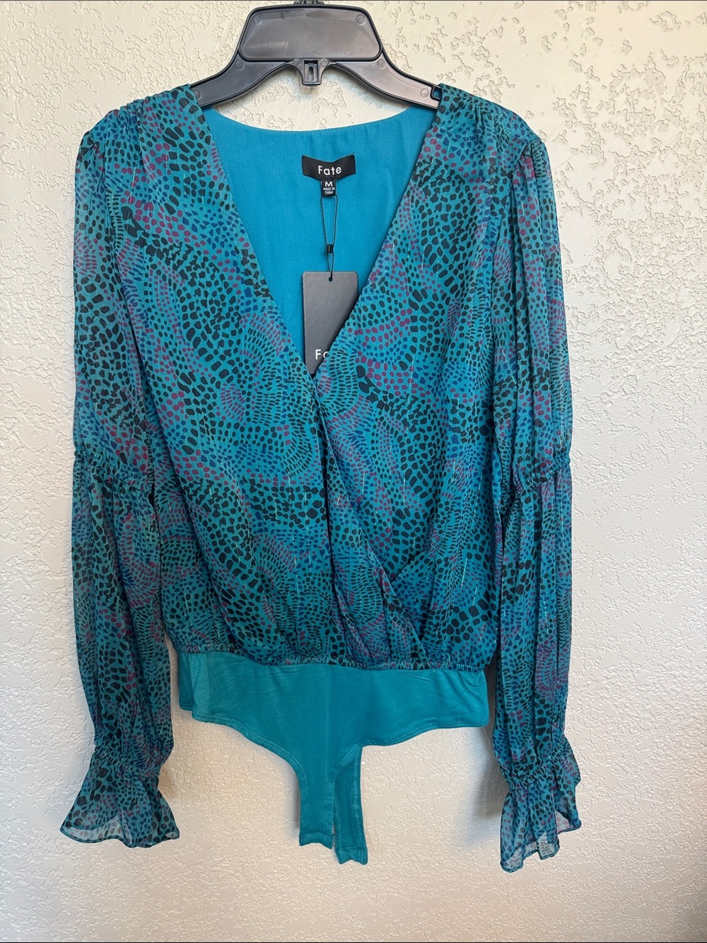 Fate Teal & Purple Printed Wrap-Front Long-Sleeve Bodysuit